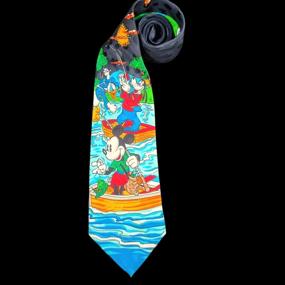 Vintage Disney Store Tie Mens Blue Mickey Donald Goofy Fishing 100% Silk Graphic
